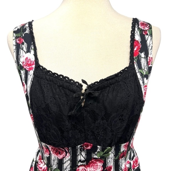 Hot Topic Corset Striped Rose Print Lace Pin Up Rockabilly Dress Womens Medium - Picture 7 of 16